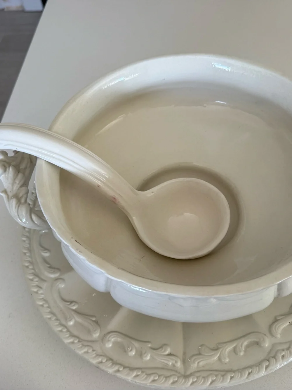 Vintage White Ceramic Covered Soup Tureen with Ladle made in Italy